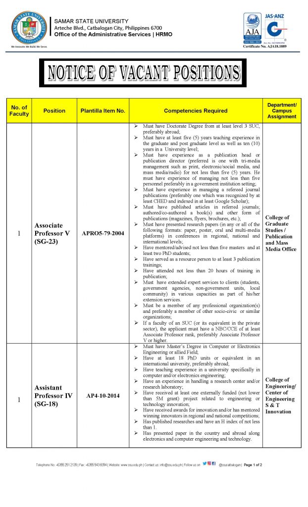 Notice of Vacant Positions: 1 Associate Professor V (SG-23) 1 Assistant Professor IV (SG-18) 1 Assistant Professor III (SG-17) - Center Director
