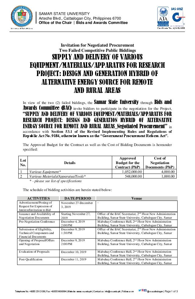 SUPPLY AND DELIVERY OF VARIOUS EQUIPMENT/MATERIALS/APPARATUS FOR RESEARCH PROJECT: DESIGN AND GENERATION HYBRID OF ALTERNATIVE ENERGY SOURCE FOR REMOTE AND RURAL AREAS