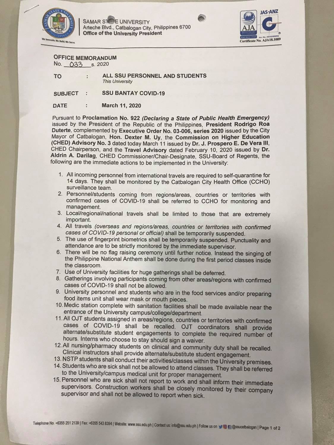 Office Memorandum No. 033, s. 2020 Issued March 11, 2020 ( SSU Bantay COVID-19) 1