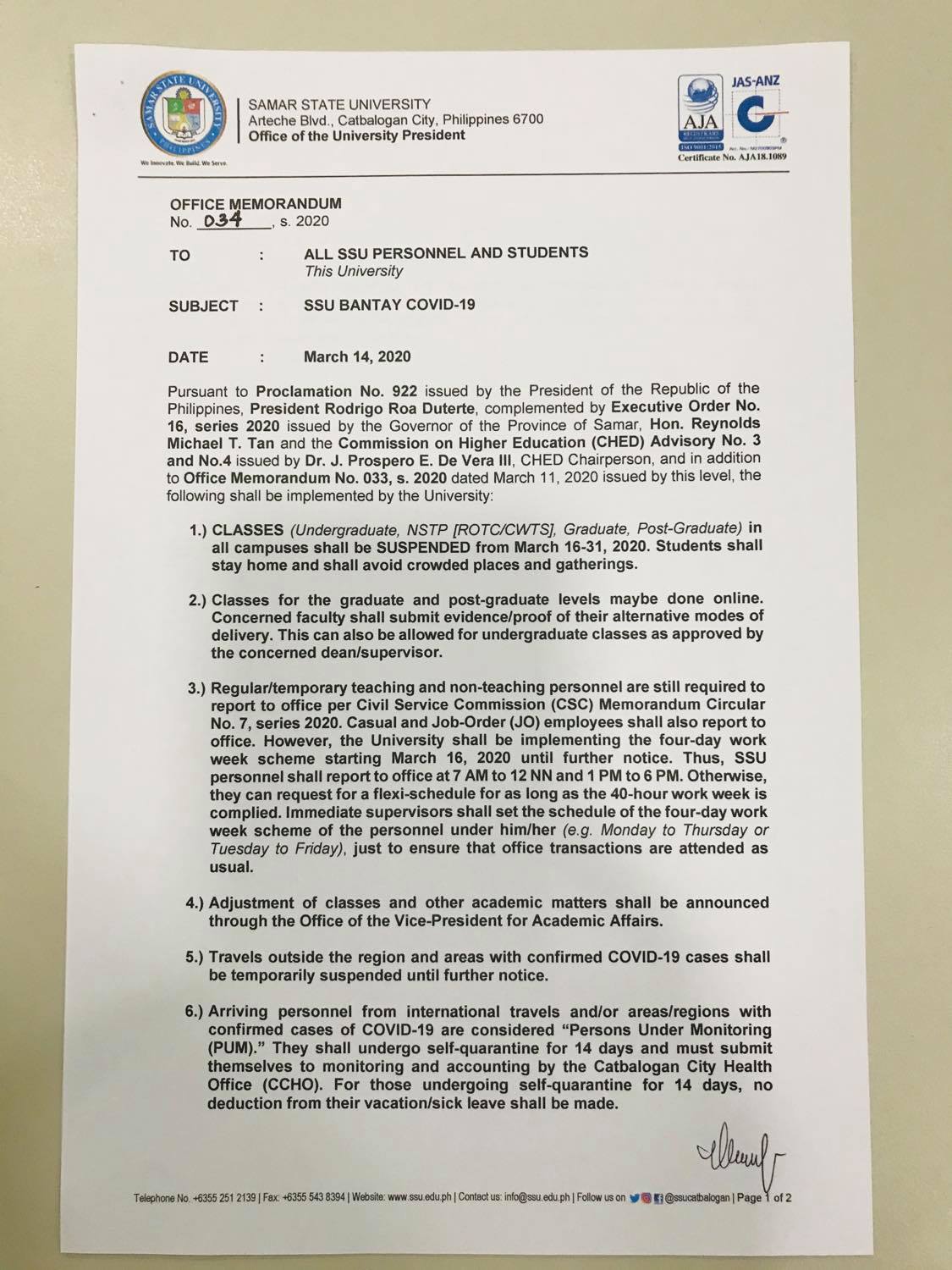 Office Memorandum No. 034, s. 2020 Issued March 14, 2020 ( SSU Bantay COVID-19) 1