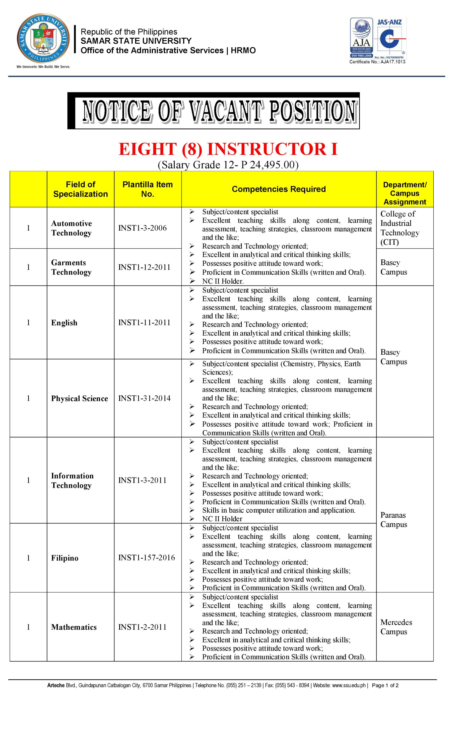 VACANT POSITION 2020-RENEWAL INSTRUCTORS